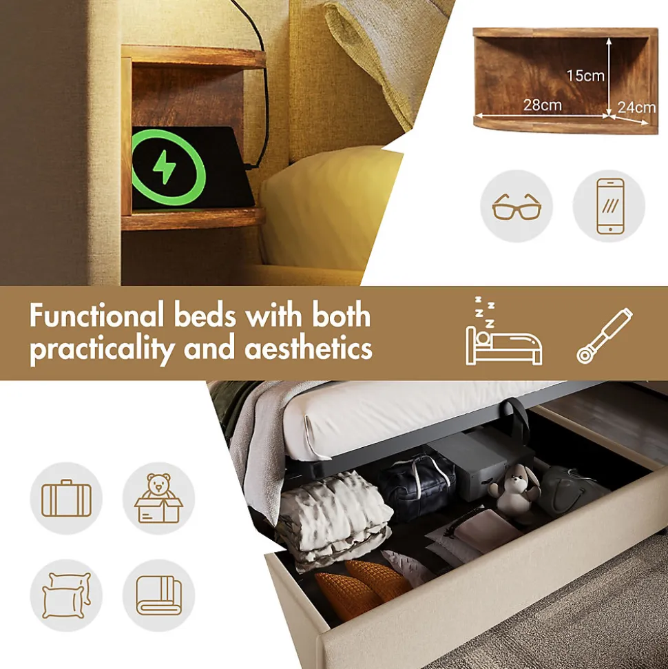 Lit coffre 160x200 cm - Lit double capitonné avec table de chevet et lampe de lecture - Lin - Sans Matelas - Beige