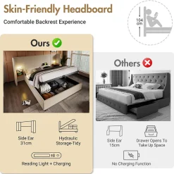 Lit coffre 160x200 cm - Lit double capitonné avec table de chevet et lampe de lecture - Lin - Sans Matelas - Beige