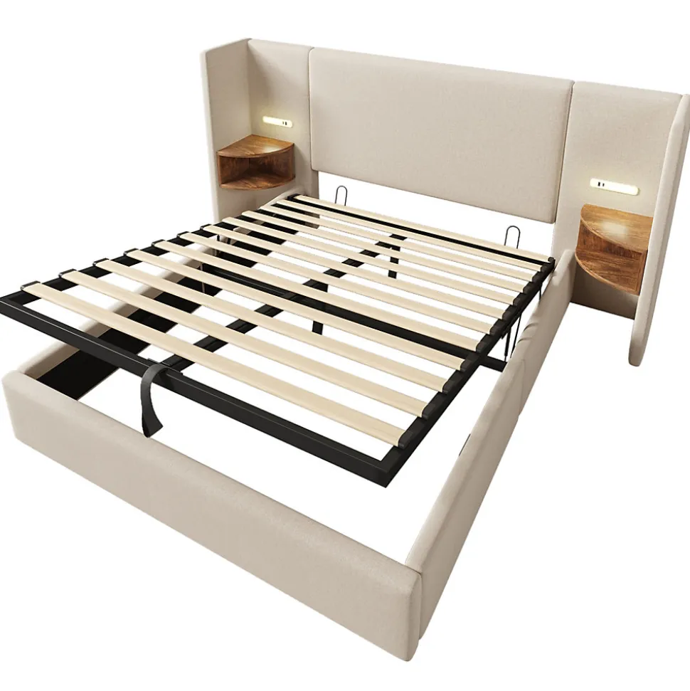 Lit coffre 160x200 cm - Lit double capitonné avec table de chevet et lampe de lecture - Lin - Sans Matelas - Beige