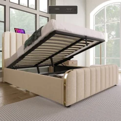 Lit coffre 140x200 cm - Lit double avec fonction de chargement USB Type-C - Lin - avec Matelas - Beige