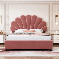 Lit coffre 140x200 cm - Lit double avec tête de lit fleur réglable - Velours + Métal + MDF - Sans matelas - Rose