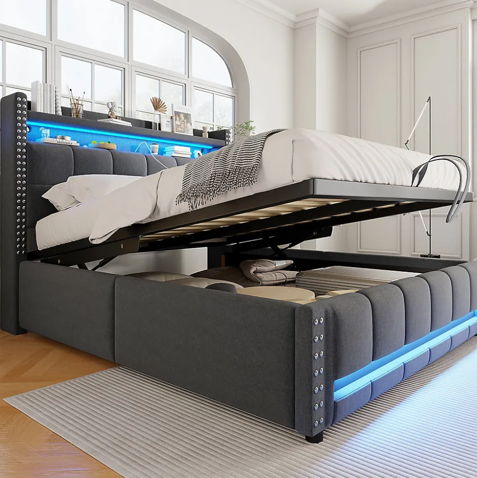 Lit coffre 140x200 cm - Lit double en tissu gris avec LED multicolores et rangement hydraulique - Sans matelas