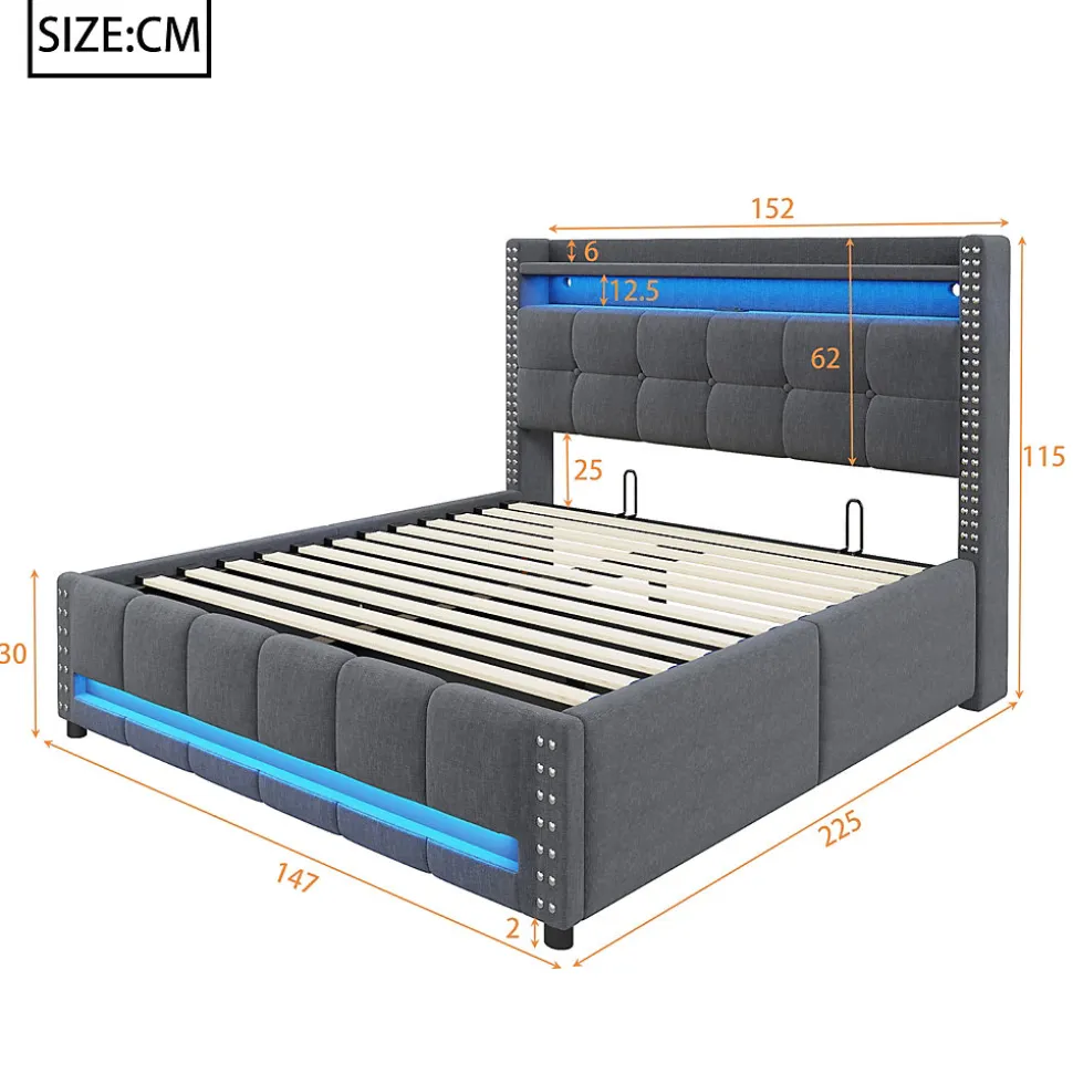 Lit coffre 140x200 cm - Lit double en tissu gris avec LED multicolores et rangement hydraulique - Sans matelas