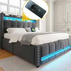 Lit coffre 140x200 cm - Lit double en tissu gris avec LED multicolores et rangement hydraulique - Sans matelas