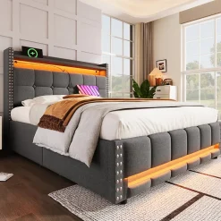 Lit coffre 140x200 cm - Lit double en tissu gris avec LED multicolores et rangement hydraulique - Sans matelas