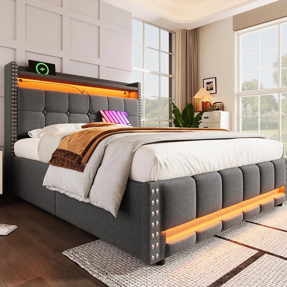 Lit coffre 140x200 cm - Lit double en tissu gris avec LED multicolores et rangement hydraulique - Sans matelas