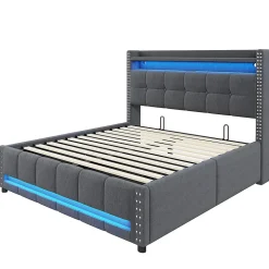 Lit coffre 140x200 cm - Lit double en tissu gris avec LED multicolores et rangement hydraulique - Sans matelas