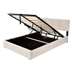 Lit coffre 140x200 cm - Lit Double Capitonné avec Tête de Lit Réglable - Velours - Sans Matelas - Beige