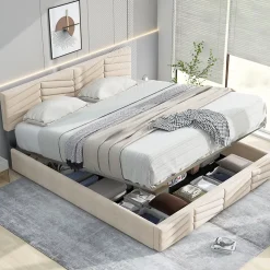 Lit coffre 140x200 cm - Lit Double Capitonné avec Tête de Lit Réglable - Velours - Sans Matelas - Beige