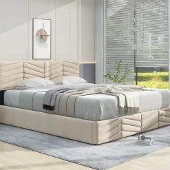 Lit coffre 140x200 cm - Lit Double Capitonné avec Tête de Lit Réglable - Velours - Sans Matelas - Beige