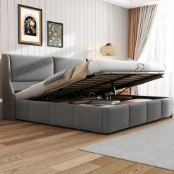 Lit coffre 180x200 cm - Lit double capitonné avec tête de lit oreille - Velours - Sans Matelas - Gris