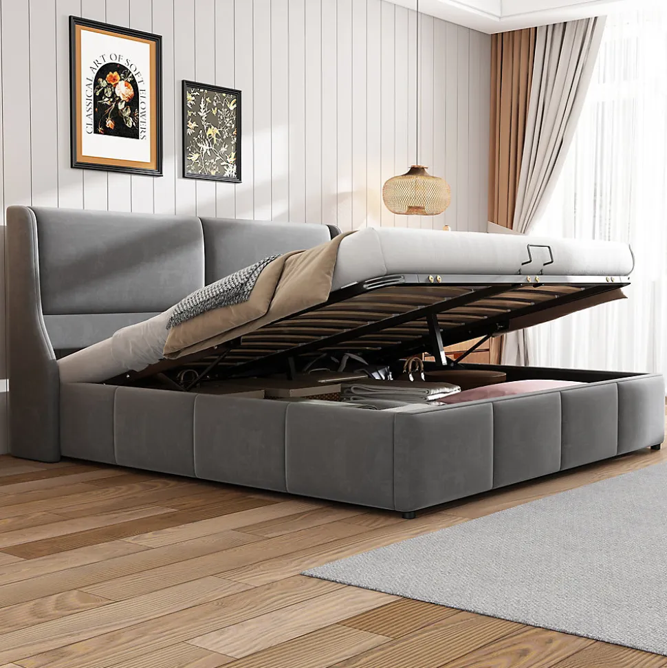 Lit coffre 180x200 cm - Lit double capitonné avec tête de lit oreille - Velours - Sans Matelas - Gris