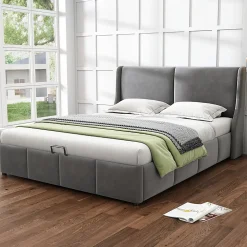 Lit coffre 180x200 cm - Lit double capitonné avec tête de lit oreille - Velours - Sans Matelas - Gris