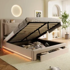 Lit coffre 140x190 cm - Lit Double Capitonné avec Tiroirs et Éclairage LED - Velours - Sans Matelas - Beige