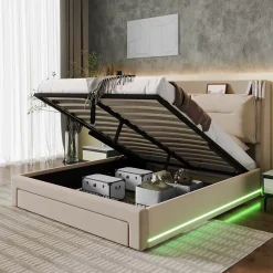 Lit coffre 140x190 cm - Lit Double Capitonné avec Tiroirs et Éclairage LED - Velours - Sans Matelas - Beige