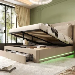 Lit coffre 140x190 cm - Lit Double Capitonné avec Tiroirs et Éclairage LED - Velours - Sans Matelas - Beige