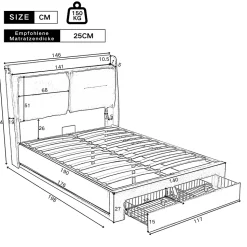 Lit coffre 140x190 cm - Lit Double Capitonné avec Tiroirs et Éclairage LED - Velours - Sans Matelas - Beige