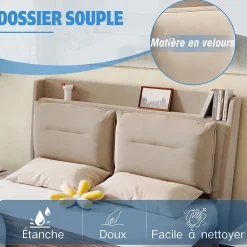 Lit coffre 140x190 cm - Lit Double Capitonné avec Tiroirs et Éclairage LED - Velours - Sans Matelas - Beige
