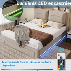 Lit coffre 140x190 cm - Lit Double Capitonné avec Tiroirs et Éclairage LED - Velours - Sans Matelas - Beige