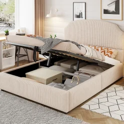 Lit Coffre 140x200 cm - Lit Double Adulte Capitonné avec Rangement Intégré, sans Matelas - Velours Beige