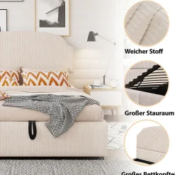 Lit Coffre 140x200 cm - Lit Double Adulte Capitonné avec Rangement Intégré, sans Matelas - Velours Beige