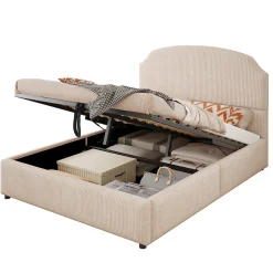 Lit Coffre 140x200 cm - Lit Double Adulte Capitonné avec Rangement Intégré, sans Matelas - Velours Beige