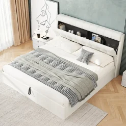 Lit Coffre 160x200 cm - Lit Double Capitonné avec Tête de Lit et Rangement Caché - PU - Sans Matelas - Blanc