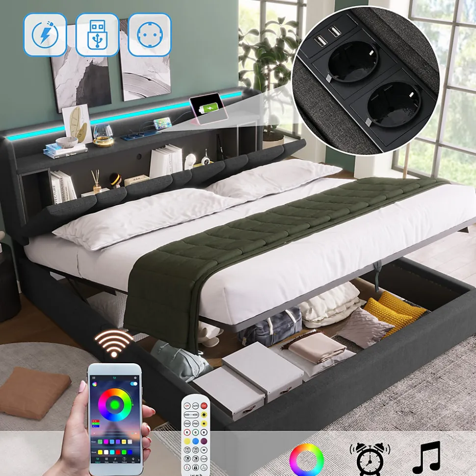 Lit Coffre 140x200 cm - Lit Double Rembourré - Tête de Lit avec Rangement - Lin - Sans Matelas - Gris