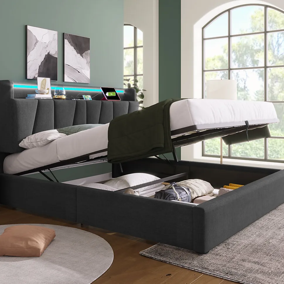 Lit Coffre 140x200 cm - Lit Double Rembourré - Tête de Lit avec Rangement - Lin - Sans Matelas - Gris