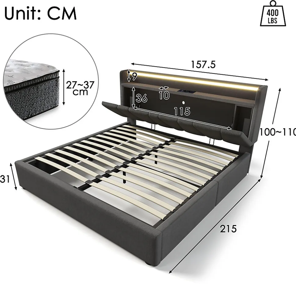 Lit Coffre 140x200 cm - Lit Double Rembourré - Tête de Lit avec Rangement - Lin - Sans Matelas - Gris