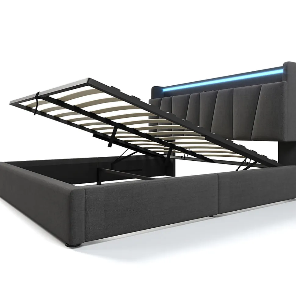 Lit Coffre 140x200 cm - Lit Double Rembourré - Tête de Lit avec Rangement - Lin - Sans Matelas - Gris