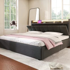 Lit Coffre 160x200 cm - Lit Double Rembourré - Tête de Lit avec Rangement - Lin - Sans Matelas - Gris