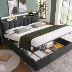 Lit Coffre 160x200 cm - Lit Double Rembourré - Tête de Lit avec Rangement - Lin - Sans Matelas - Gris