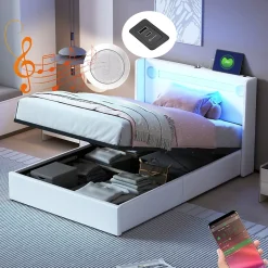 Lit Coffre 90x200 cm - Lit enfant capitonné avec LED, Lecteur Bluetooth et Port USB, Coffre de Rangement Simili Cuir Blanc