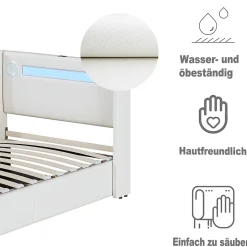 Lit Coffre 90x200 cm - Lit enfant capitonné avec LED, Lecteur Bluetooth et Port USB, Coffre de Rangement Simili Cuir Blanc
