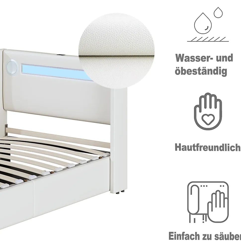Lit Coffre 90x200 cm - Lit enfant capitonné avec LED, Lecteur Bluetooth et Port USB, Coffre de Rangement Simili Cuir Blanc