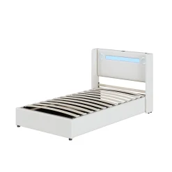 Lit Coffre 90x200 cm - Lit enfant capitonné avec LED, Lecteur Bluetooth et Port USB, Coffre de Rangement Simili Cuir Blanc