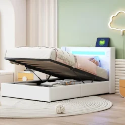 Lit Coffre 90x200 cm - Lit enfant capitonné avec LED, Lecteur Bluetooth et Port USB, Coffre de Rangement Simili Cuir Blanc