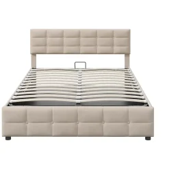 Lit Coffre 180x200 cm - Lit Hydraulique avec Rangement Sous Le Lit et Sommier À Lattes, Velours Beige, Sans Matelas