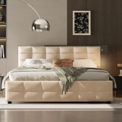 Lit Coffre 180x200 cm - Lit Hydraulique avec Rangement Sous Le Lit et Sommier À Lattes, Velours Beige, Sans Matelas