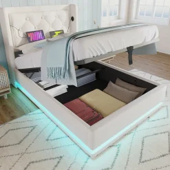 Lit coffre 90x200 cm - Lit simple rembourré avec USB Type-C et LED - PU - Matelas Inclus - Blanc