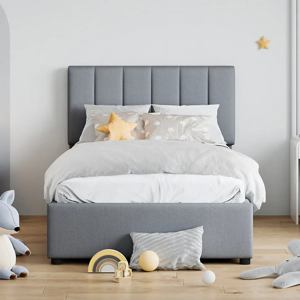 Lit coffre 90x200 cm - Lit simple avec ouverture hydraulique - en lin - Sans Matelas - Gris