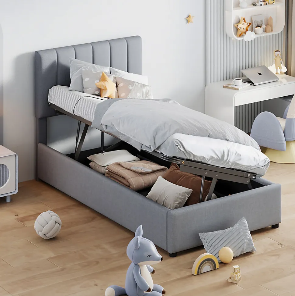 Lit coffre 90x200 cm - Lit simple avec ouverture hydraulique - en lin - Sans Matelas - Gris