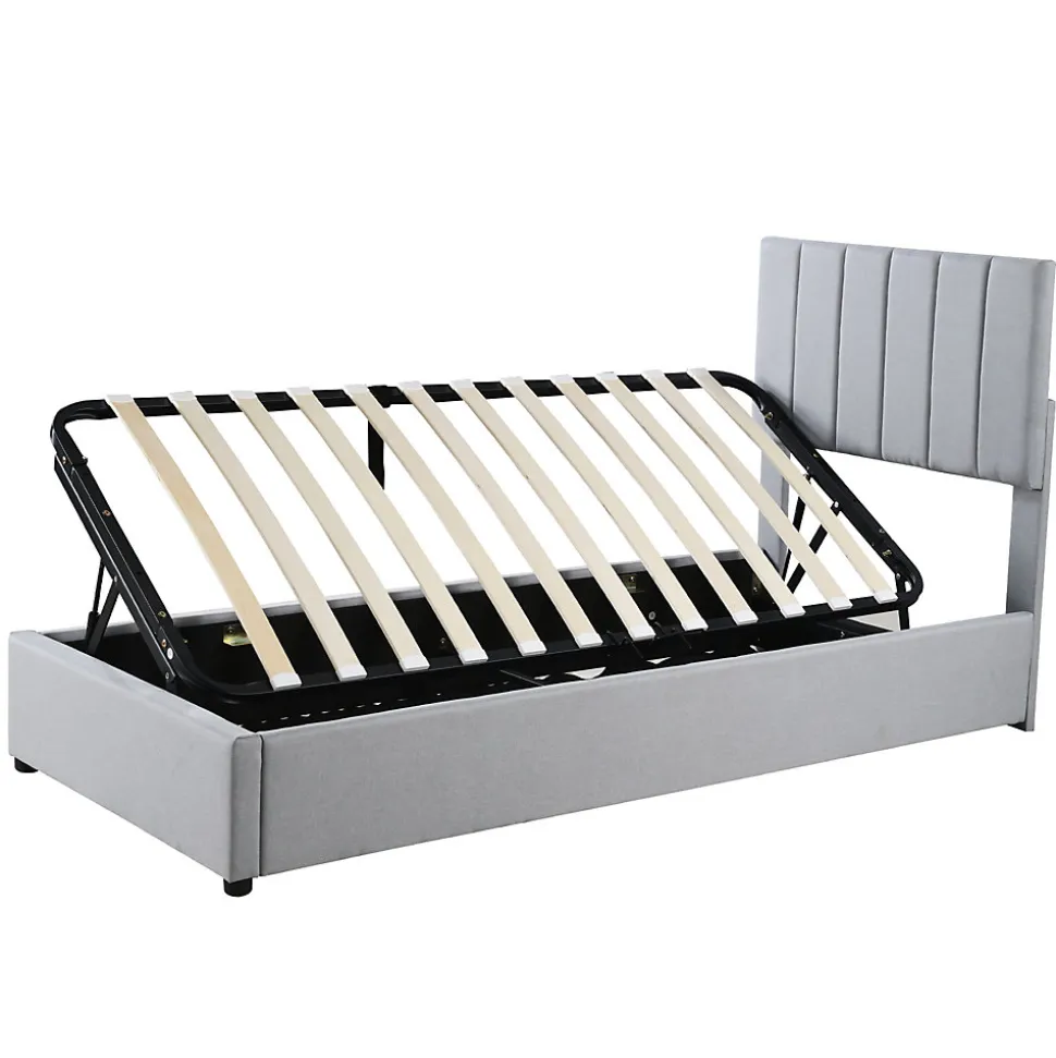 Lit coffre 90x200 cm - Lit simple avec ouverture hydraulique - en lin - Sans Matelas - Gris