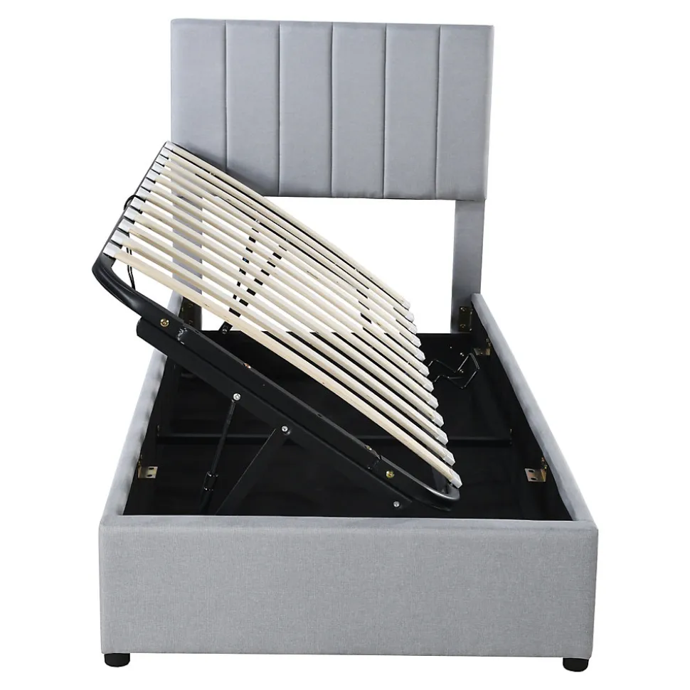 Lit coffre 90x200 cm - Lit simple avec ouverture hydraulique - en lin - Sans Matelas - Gris