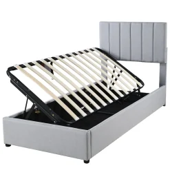 Lit coffre 90x200 cm - Lit simple avec ouverture hydraulique - en lin - Sans Matelas - Gris