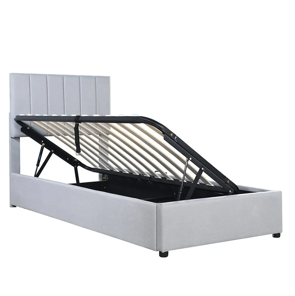 Lit coffre 90x200 cm - Lit simple avec ouverture hydraulique - en lin - Sans Matelas - Gris