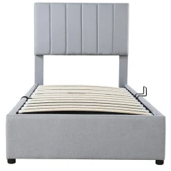 Lit coffre 90x200 cm - Lit simple avec ouverture hydraulique - en lin - Sans Matelas - Gris