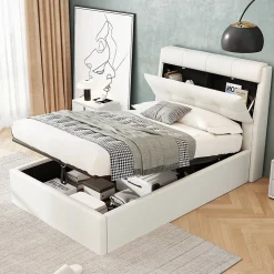 Lit Coffre 90x200 cm - Lit Simple Capitonné avec Tête de Lit et Rangement Caché - PU - Sans Matelas - Blanc