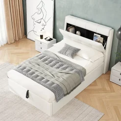 Lit Coffre 90x200 cm - Lit Simple Capitonné avec Tête de Lit et Rangement Caché - PU - Sans Matelas - Blanc